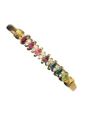 Rainbow rhinestone marquis shaped gold tone hinged clamper bangle bracelet